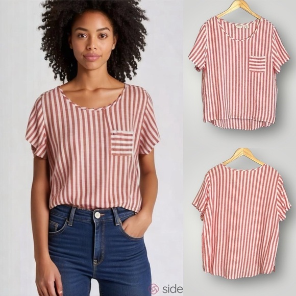 Christian Siriano | Striped 100% Linen Blouse Short Sleeve Pocket - Picture 1 of 7